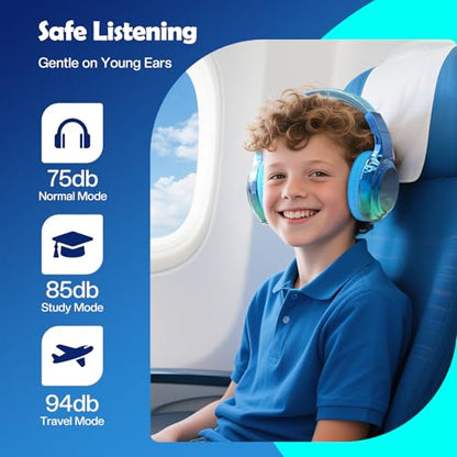 QearFun Kids Bluetooth Headphones, 60H Playtime, 74/85/94dB Safe Volume Limit, Metallic Gradient Wireless Headset with HD Mic, Fast Charging, Foldable, Wired 3.5mm Mode for School/Tablet/Travel - color: Blue