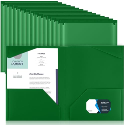 Henoyso 36 Pack Dark Green Plastic Folders with Clear Front Pockets Heavy Duty File Folders with 2 Pockets and Card Slot for Student Communication School Office Presentation Report - color: Dark Green