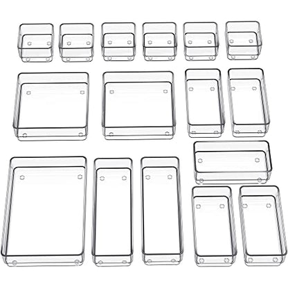 SMARTAKE 16-Piece Drawer Organizer with Non-Slip Silicone Pads, 5-Size Desk Storage Tray for Makeup, Jewelries, Utensils in Bedroom Dresser, Office and Kitchen, Clear - size: Medium