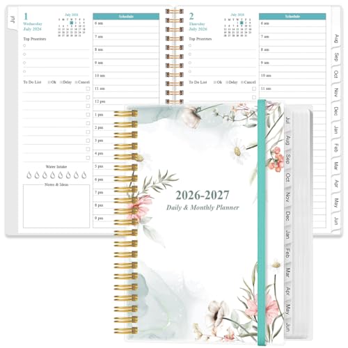 Daily Planner 2026-2027 Full Page Per Day- 2026-2027 Daily & Monthly Planner from July 2026 to June 2027, Day Planner 2026-27 with 12 Months Tabs, 6.4" x 8.5", Pink Flowers - color: Pink Flowers, size: 6.4" x 8.5"