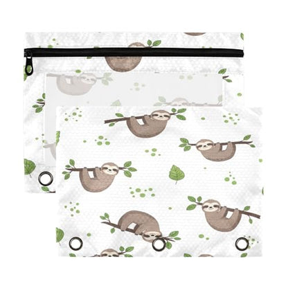 Blueangle Sloth with Green Leaves Pencil Pouch for 3 Ring Binder, 2 Pack Clear Window Zipper Pencil Bags for Office