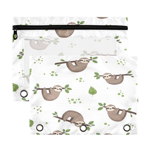 Blueangle Sloth with Green Leaves Pencil Pouch for 3 Ring Binder, 2 Pack Clear Window Zipper Pencil Bags for Office
