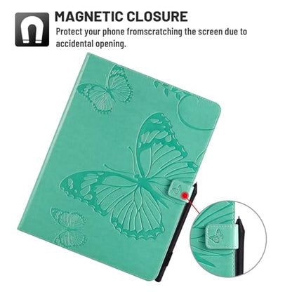 Dteck Wallet Case for iPad Air 13 Inch M2 2024 & iPad Pro 12.9 2022/2021/2020/2018 with Pencil Holder,Embossed Butterfly Auto Sleep/Wake PU Leather Smart Stand Girls Cute Folio Pocket Cover,Green - color: 10 Green