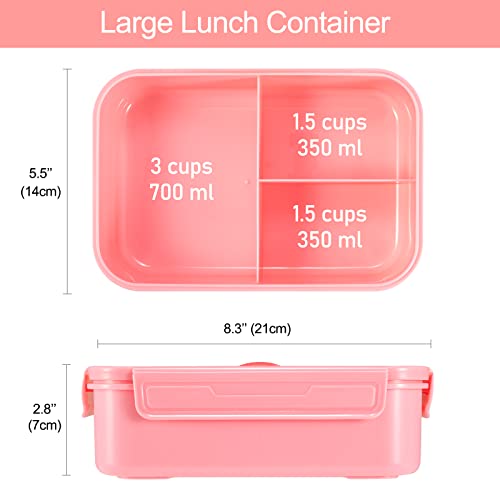 Caperci Classic Bento Box Adult Lunch Box for Older Kids - Leakpoof 47 oz 3-Compartment Lunch Containers for Adults and Teens, Built-in Utensil Set, Ideal for On-the-Go Balanced Eating, Pink - color: Pink