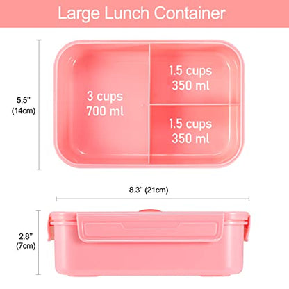Caperci Classic Bento Box Adult Lunch Box for Older Kids - Leakpoof 47 oz 3-Compartment Lunch Containers for Adults and Teens, Built-in Utensil Set, Ideal for On-the-Go Balanced Eating, Pink - color: Pink
