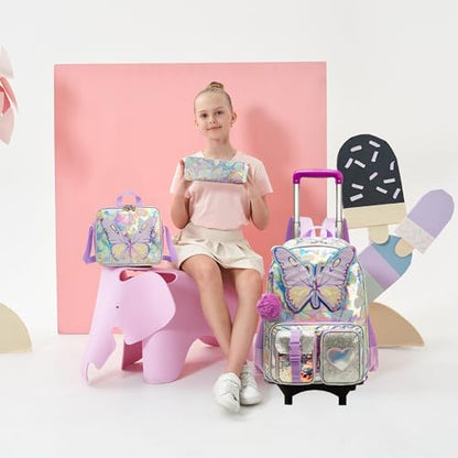 Meetbelify Girls Cute Backpack with Wheels for Elementary Students Kids Black Travel Luggage - color: Butterfly
