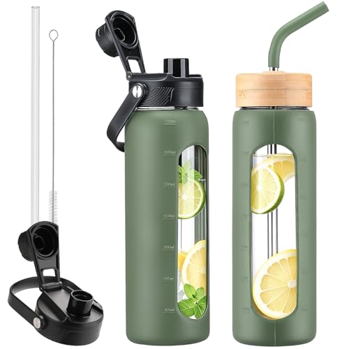 24 oz Glass Water Bottle with Straw – 2 Lids (Bamboo & Spout Lid), Motivational Borosilicate Glass Daily Water Intake Bottle with Time Marker, Silicone Sleeve for Gym Home Office-Olive - color: Olive, size: 24 Ounces