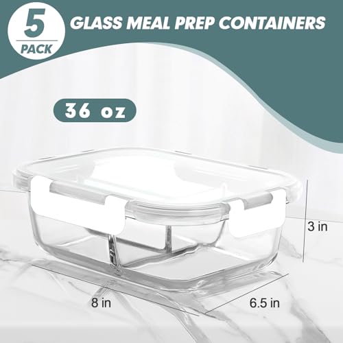 KOMUEE Glass Meal Prep Containers 3 Compartments, 5 Pack 36 oz, Glass Food Storage Containers with Lids, Airtight Lunch Bento Box, Portion Control, Freezer and Microwave Safe, White - color: White