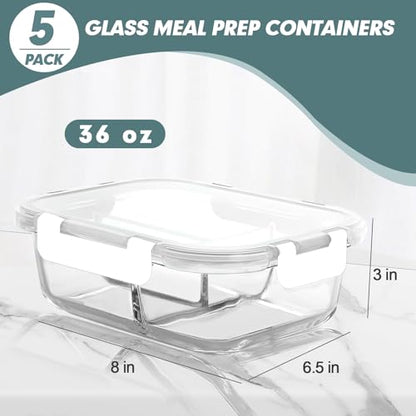 KOMUEE Glass Meal Prep Containers 3 Compartments, 5 Pack 36 oz, Glass Food Storage Containers with Lids, Airtight Lunch Bento Box, Portion Control, Freezer and Microwave Safe, White - color: White