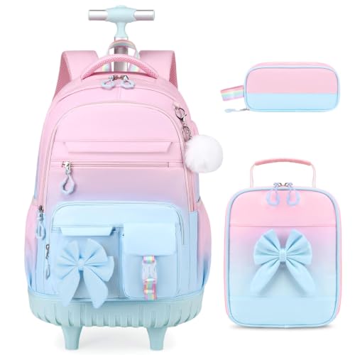 DIGOBAY Rolling Backpack for Girls, Cute Roller School Bag with Wheels, Kids Wheeled Backpacks Set with Lunch Bag Pencil Case for Teen Girls Kindergarten Elementary Middle School - color: Pink-blue