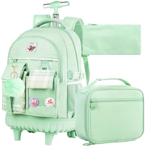 gxtvo 3PCS Womens Rolling Backpack for Girls, Wheeled Bookbag with Lunch Box for Adults, Water Resistant Roller School Bag for College Teens Kids Travel - Green - color: 3pcs Set Green