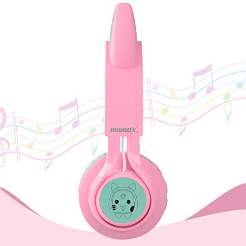 Riwbox CT-7 Cat Ear Kids Bluetooth Headphones, LED Light Up Bluetooth Wireless Over Ear Headphones with Microphone and Volume Control for Travel/School/Smartphones/Laptop/PC/TV (Pink&Green) - color: Pink&Green