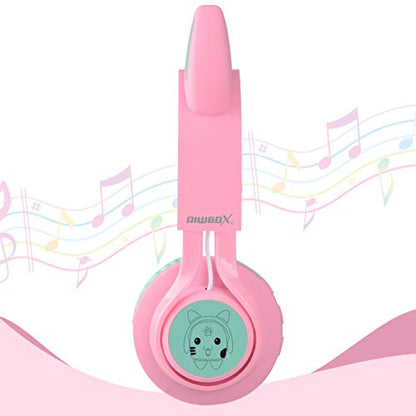 Riwbox CT-7 Cat Ear Kids Bluetooth Headphones, LED Light Up Bluetooth Wireless Over Ear Headphones with Microphone and Volume Control for Travel/School/Smartphones/Laptop/PC/TV (Pink&Green) - color: Pink&Green