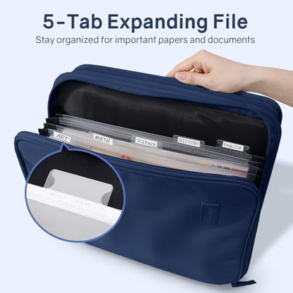 SUNEE Zippered Binder Bag with Handle, 2-Inch 3-Ring O-Ring, 500-Sheet Capacity, Includes Zip Pocket, 5-Tab Expanding File Folder, Multi-Pocket Organizer Binder for Middle School, Navy - color: Navy Blue
