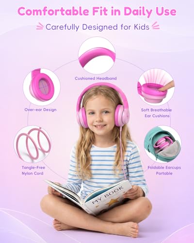 Candy Bila USB C Kids Headphones for School, 85dB Volume Limited, Wired Over-Ear Headphones for Kids, Adjustable Headband, Foldable Design for Travel, iPad, Tablet, Chromebook, Gradient Rose Pink - color: Gradient Rose Pink