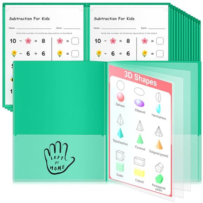 Henoyso 24 Pcs School and Home Folders with 2 Pockets and 4 Clear Inner Pockets, Heavy Duty Plastic Homework Communication Folder for Parent Teacher Student Home Classroom (Green)