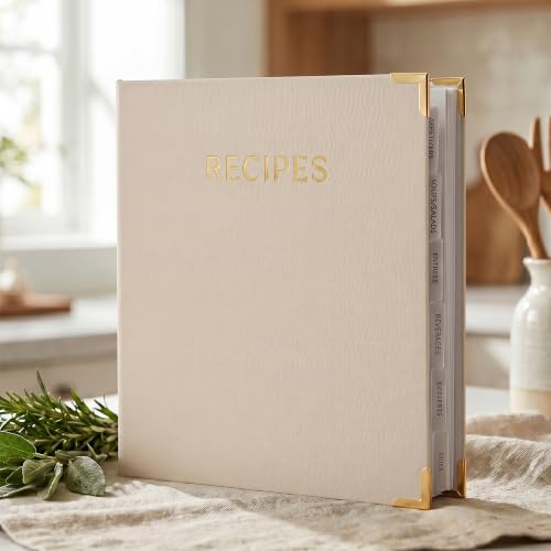 Aesthetic Recipe Binder with Polyester Waterproof cloth Cover - The Perfect Recipe Book with Plastic Sleeves to Write in Your Own Recipes - Quality Blank Cookbook Binder, Cards incl. - color: Oat, size: Medium - 9.5x8.5"