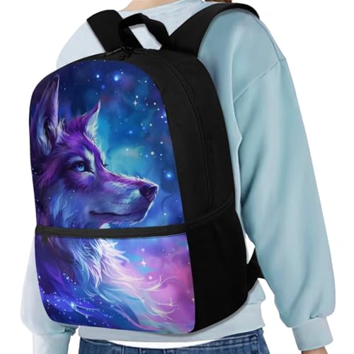Galaxy Wolf Backpack for Girls Boys Backpack with Lunch Box Water Bottle Carrier and Pencil Pouch 4PCS Set Bookbag with Front Pocket for School 17 inch Large Capacity School Bag for Kids - color: Galaxy Wolf