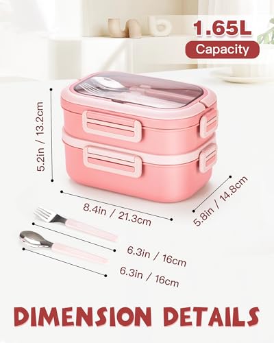 Lille Home Stackable Lunch Box, 2 Tier Stainless Steel Bento Lunch Box, 56oz Large Capacity Leakproof Lunch Containers, 4-Compartment Lunch Box with Utensils for Meal Prep, Work, Picnic(Pink) - color: 2 Tier-Pink