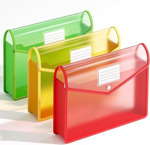 Plastic Expanding File Folder, Transparent Envelopes with Snap Closure | Large Capacity, No Dividers, Fit Letter/A4 Size for School/ Office / Home / Hospital, 3 Colors - color: Red+green+yellow, size: A4-Size -13"L× 9.8"W
