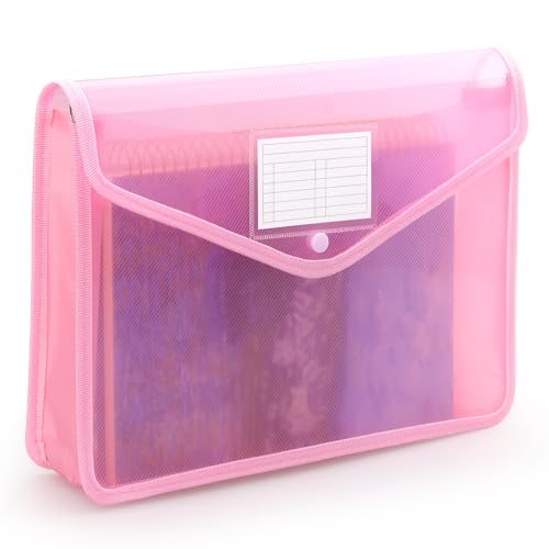 Tamaki Plastic Expanding File Folder, Fit Letter/A4 Size, Pink, 1 Pack | Transparent envelopes with Snap Closure, No Dividers, Large Capacity - color: Pink