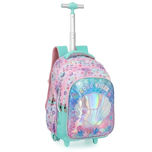 Cartoon Rolling Backpack for Boys Girls, Kids 5 Pcs Wheeled Backpack, Travel Backpack for Elementary Students (Shell Green) - color: Shell Green