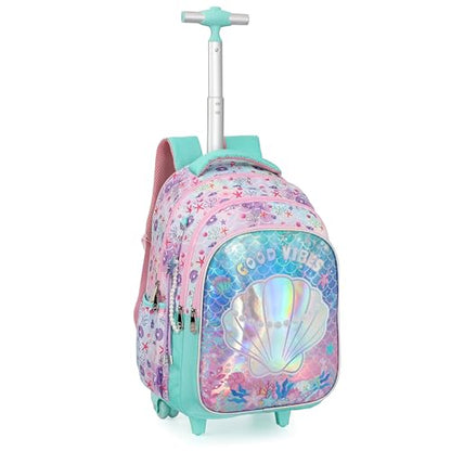 Cartoon Rolling Backpack for Boys Girls, Kids 5 Pcs Wheeled Backpack, Travel Backpack for Elementary Students (Shell Green) - color: Shell Green