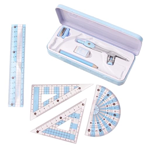 8 Piece Geometry Set, Math Tools Kit with Metal Compass, Protractor, Ruler for Students, Engineers and School Office Use