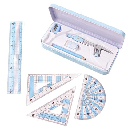 8 Piece Geometry Set, Math Tools Kit with Metal Compass, Protractor, Ruler for Students, Engineers and School Office Use