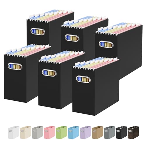 Oterri Portable Collapsible Cardboard File Box with Handle for Letter-Size | 6-Pack. Stainless Steel Handle. Label Stickers Included. Fits Letter Folders (Not Included). Home, Office, School, Dorm, Tax. - color: Black, size: Letter Size - 6 Packs
