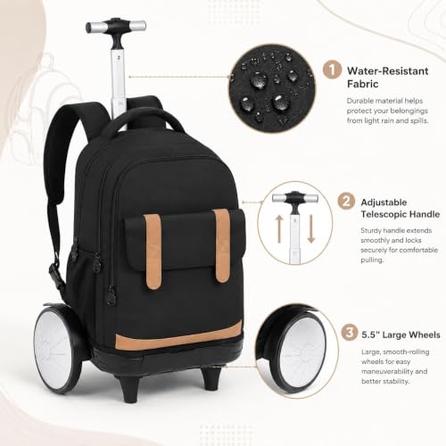 KLFVB Rolling Backpack with Big Quiet-Glide Wheels, 3-in-1 Wheeled Commuter Set with Lunch Bag | Water-Resistant Roller Bag for Men & Women, Work, Travel, School - Black