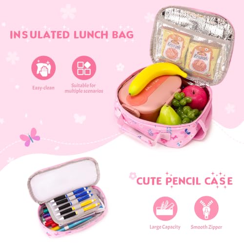 Kids Backpack for Girls 4-8, Cute 3D Soft Flower Toddler Backpack with 34oz Lunch Box, Insulated Bag, Pen Case & Utensils, School Bookbag for Preschool Kindergarten Elementary Student - color: Flowers