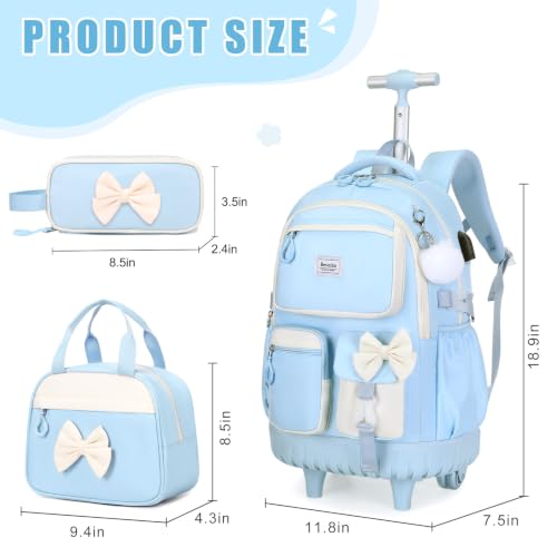 Bevalsa Rolling Backpack for Girls, Roller Backpack with Wheels, Cute Bow Wheeled School Bookbag Set with Lunch Bag & Pen Case, Suitcases for Kids Teens Elementary Middle Student (Blue Beige) - color: Blue Beige