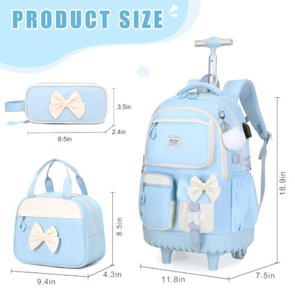 Bevalsa Rolling Backpack for Girls, Roller Backpack with Wheels, Cute Bow Wheeled School Bookbag Set with Lunch Bag & Pen Case, Suitcases for Kids Teens Elementary Middle Student (Blue Beige) - color: Blue Beige