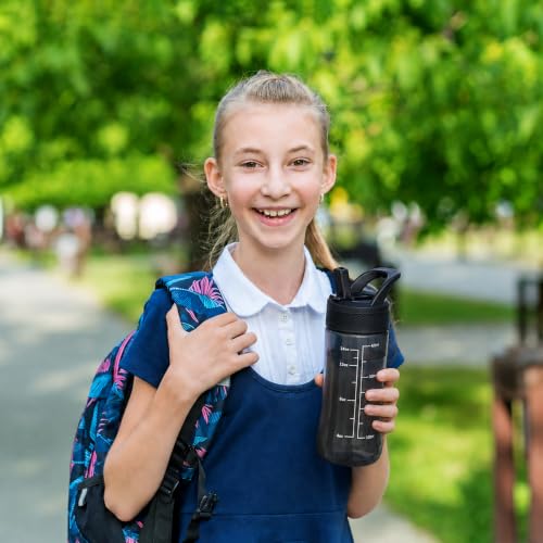 14oz Clear Kids Water Bottle with Straw Lid, BPA-Free Tritan, Measurement Scale, Sturdy Handle Wide Mouth Leak-proof Reusable Plastic Bottle for Boy& Girls, Back to School(Black) - color: Black