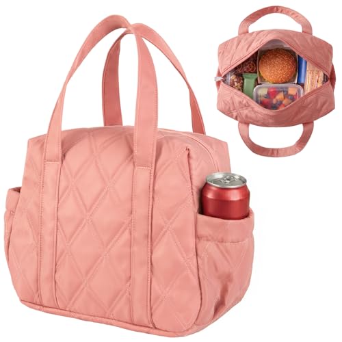 Quilted Puffer Lunch Bag for Women, Insulated Lunch Tote with Foil Lining, Leak-Resistant Reusable Lunch Cooler Bag, Roomy Soft Lunch Box for Work, School, Picnic and Travel (Dark Pink) - color: Dark Pink