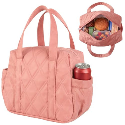 Quilted Puffer Lunch Bag for Women, Insulated Lunch Tote with Foil Lining, Leak-Resistant Reusable Lunch Cooler Bag, Roomy Soft Lunch Box for Work, School, Picnic and Travel (Dark Pink) - color: Dark Pink