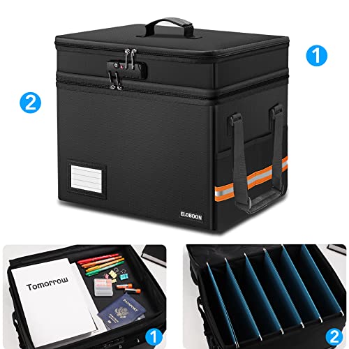 Fireproof Document Box with 13 Pocket Accordian File Folder | Water-Resistant File Organizer Box with Lock, Collapsible File Storage Cabinet for Hanging Letter/Legal Folder, Black