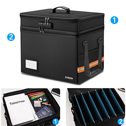 Fireproof Document Box with 13 Pocket Accordian File Folder | Water-Resistant File Organizer Box with Lock, Collapsible File Storage Cabinet for Hanging Letter/Legal Folder, Black