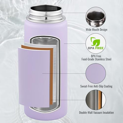 Fijinhom Insulated Water Bottle with Handle, 304 Stainless Steel Water Bottles with Wide Mouth, Double Wall Vacuum Sports Water Bottle, BPA Free, Keep Cold and Hot, 18 Ounces, Purple - color: Purple, size: 18 Ounces