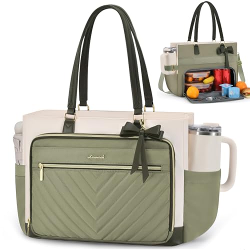 LOVEVOOK Lunch Tote Bag for Women, Insulated Lunch Bag with Laptop Compartment & Large Cup Holder, Teacher Tote Bag with Zipper, Handbag Insulated Bag Leakproof for Work, Nurse, Office, 15.6 Inch - color: Light Green-beige-olive Green, size: 15.6 Inch Wit