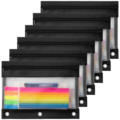 YoeeJob 6 Pack PU Leather Pencil Pouches for 3 Ring Binder, Zippered Binder Pouch, Suitable for School and Office (Black) - size: 6 Packs