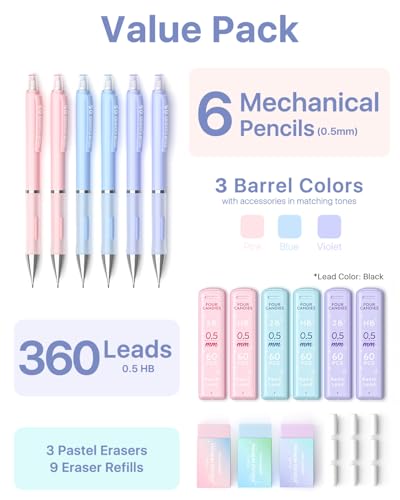 Four Candies Pastel Mechanical Pencil Set, 0.5mm Fine Point, Pack of 6 | 360 HB/2B Leads, 3 Erasers+9 Refills, Storage Case, Cute Pink/Purple/Blue Barrels, Rubber Grip, for Homework & Journal - style: 0.5 mm