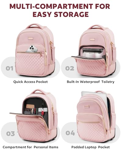 Arcoyard Small Rolling Backpack, 14.3 Inch Underseat Carry On Luggage With Wheels For Adults, Wheeled Backpack for Women, Travel Roller Bag, Pink