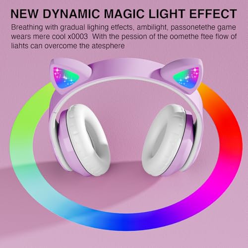 Kids Cat Ear Bluetooth Headphones, LED Light, Mic, Foldable | Foldable Cat Headphone, LED Light Up Ear, Cat Ear Headphones for Toddler, Microphone/TF Card - color: Purple