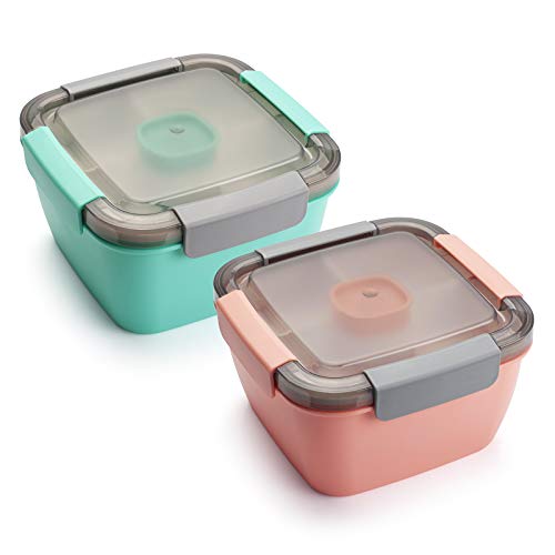 Freshmage Salad Lunch Containers To Go, 2 Pack 52-oz Bowls with 3 Compartments, Dressing Containers for Toppings, Snacks - Pink & Green - color: Pink+Green