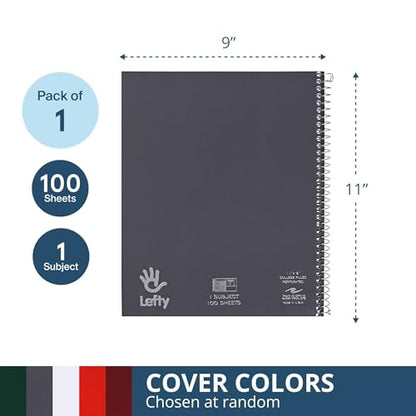 ROARING SPRING Lefty Spiral Notebook, College Ruled One Subject Left Handed Notebook with Cover Pocket, 11" x 9", 100 Sheets, Assorted Color Covers
