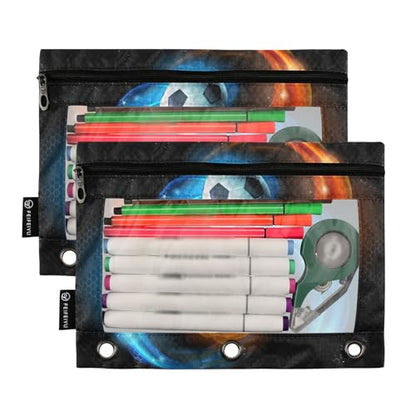 Soccer Ball Flames Print Pencil Pouch for 3 Ring Binder 2 Pack Binder Pencil Case with Clear Window Pencils Bags with Zipper for Office Daily College Home Supplies - color: Multi-soccer Ball Flames