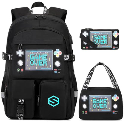 Scothen Boys Backpack, Cool Luminous School Backpacks for Boys with Lunch Bag Pencil Case, Kids Backpack Kindergarten Elementary Middle School Book Bags for Teen Boy Children with USB Charging Port - color: Black