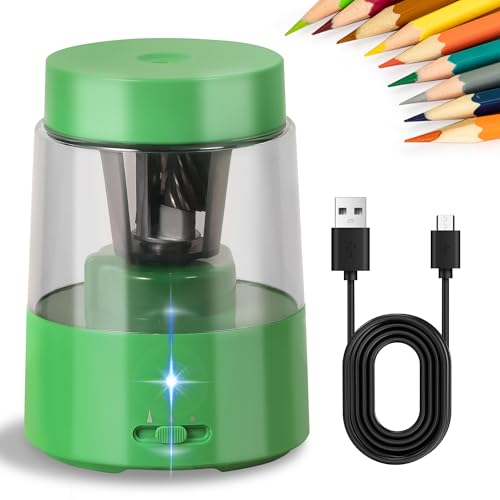 ZMOL Electric Rechargeable Pencil Sharpener, Automatic Pencil Sharpeners Students, Battery Pencil Sharpeners for Colored Pencils, Auto Stop, Suitable for No.2(6-8mm), Classroom/Home Green - color: E-green